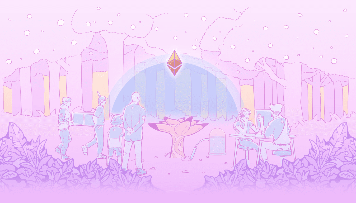 People gathered around the Ethereum tree
